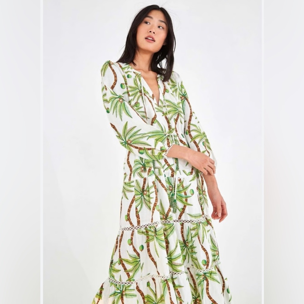 EUC Farm Rio Swinging Palm Linen Maxi/Midi Dress, Size L